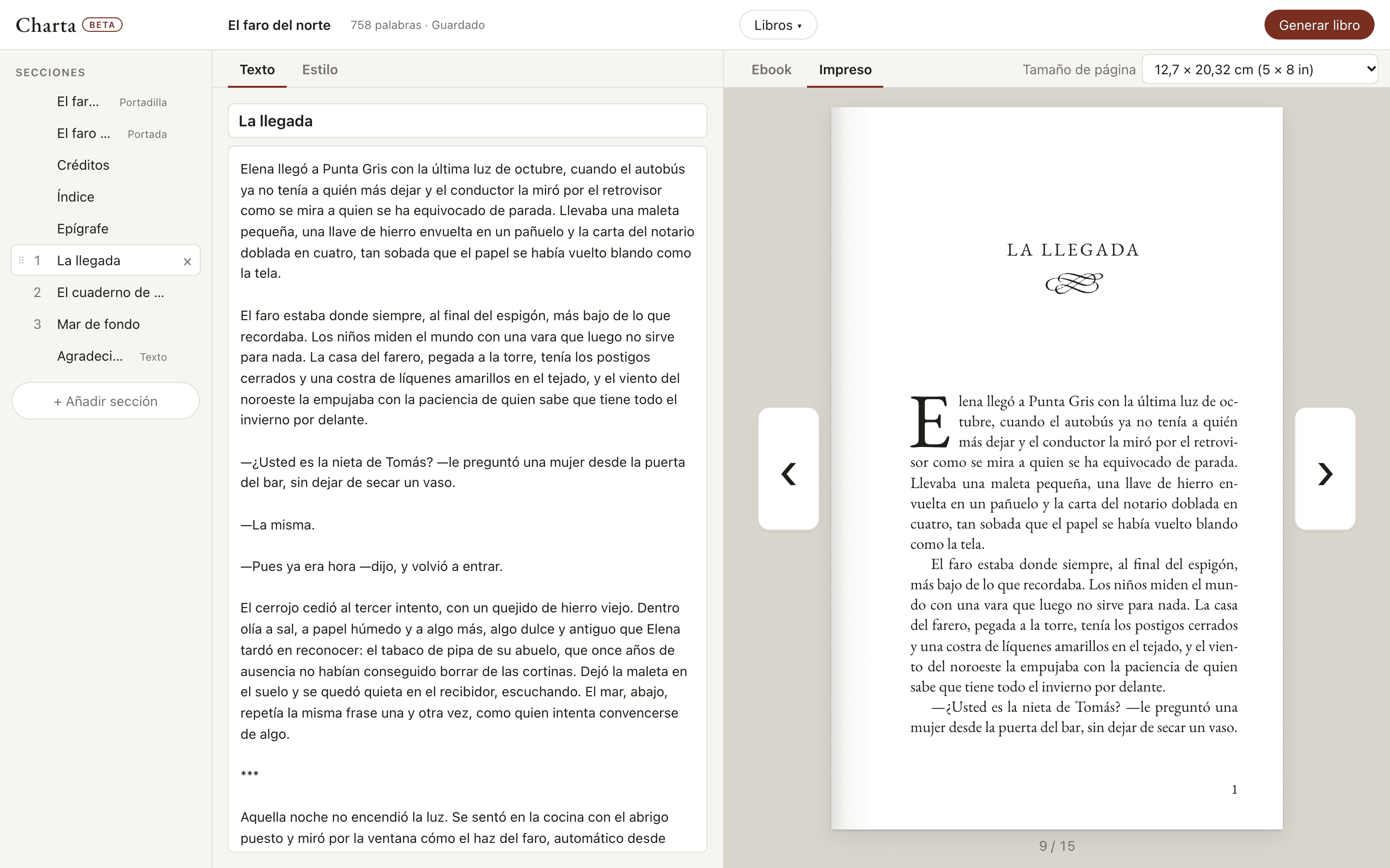 El editor de Charta: las secciones del libro, el texto del primer capítulo y su primera página impresa, con capitular y floritura.