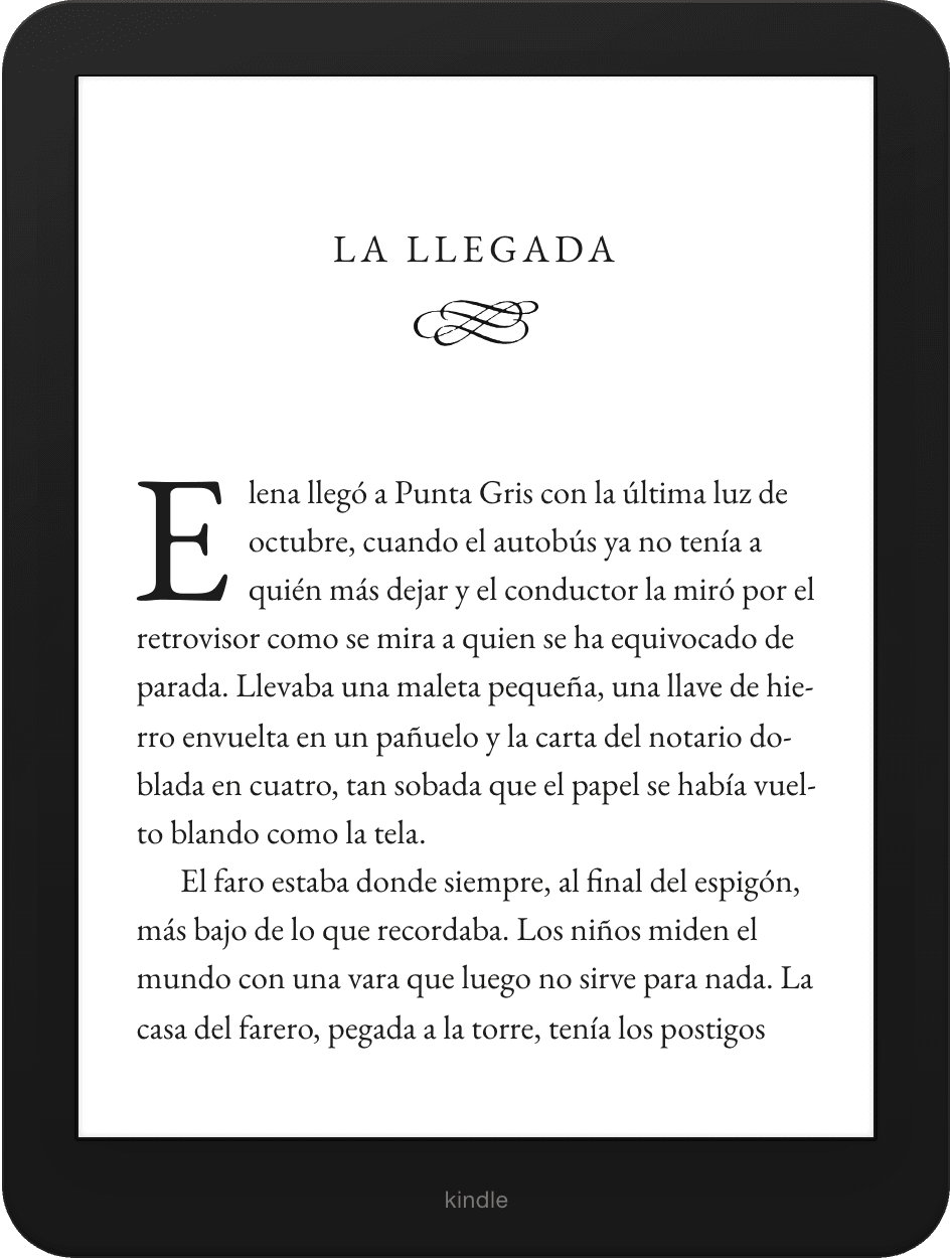 El primer capítulo en un Kindle, con el título en versales, floritura y capitular.