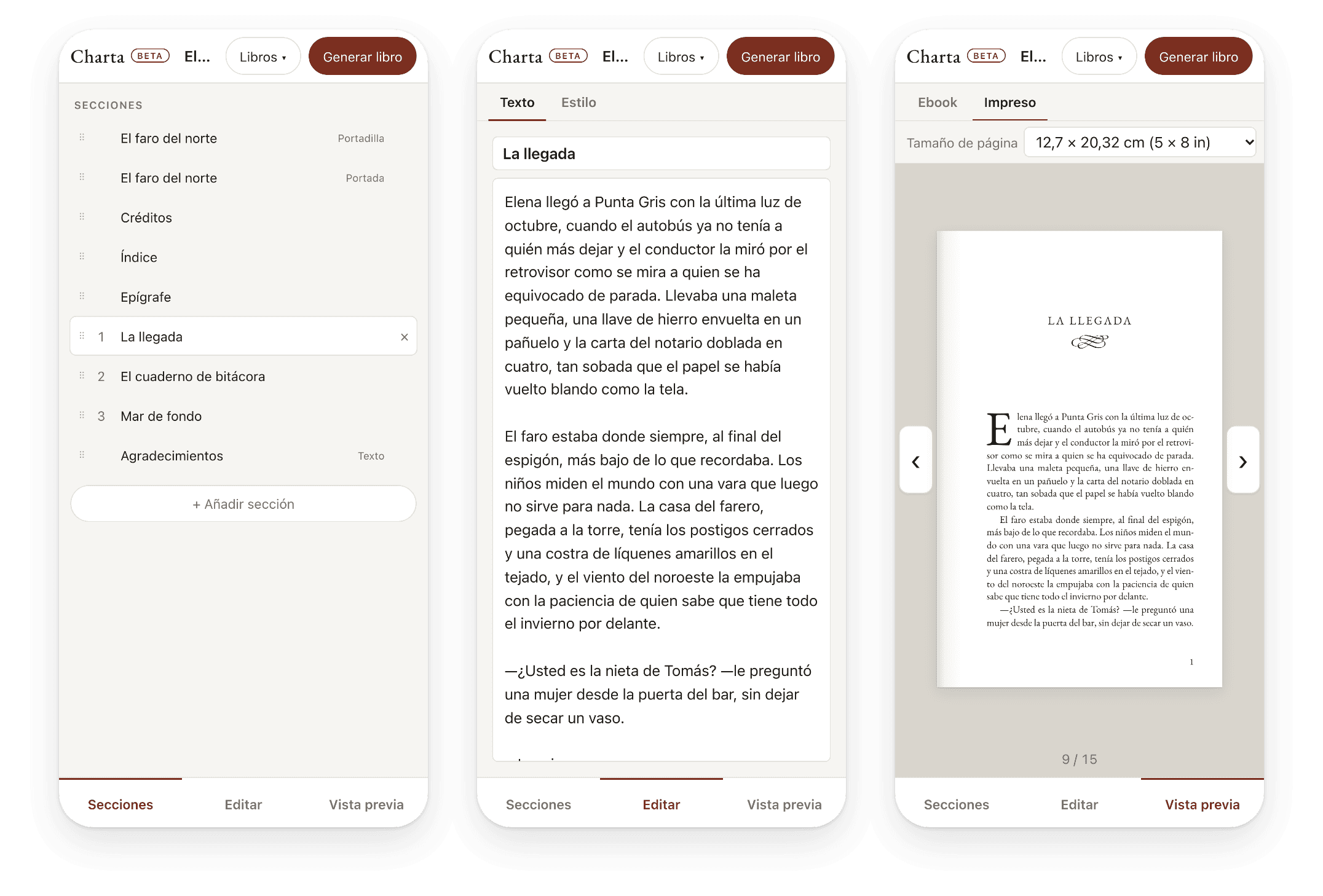 Charta en tres pantallas de móvil: las secciones del libro, el texto de un capítulo y su página impresa.