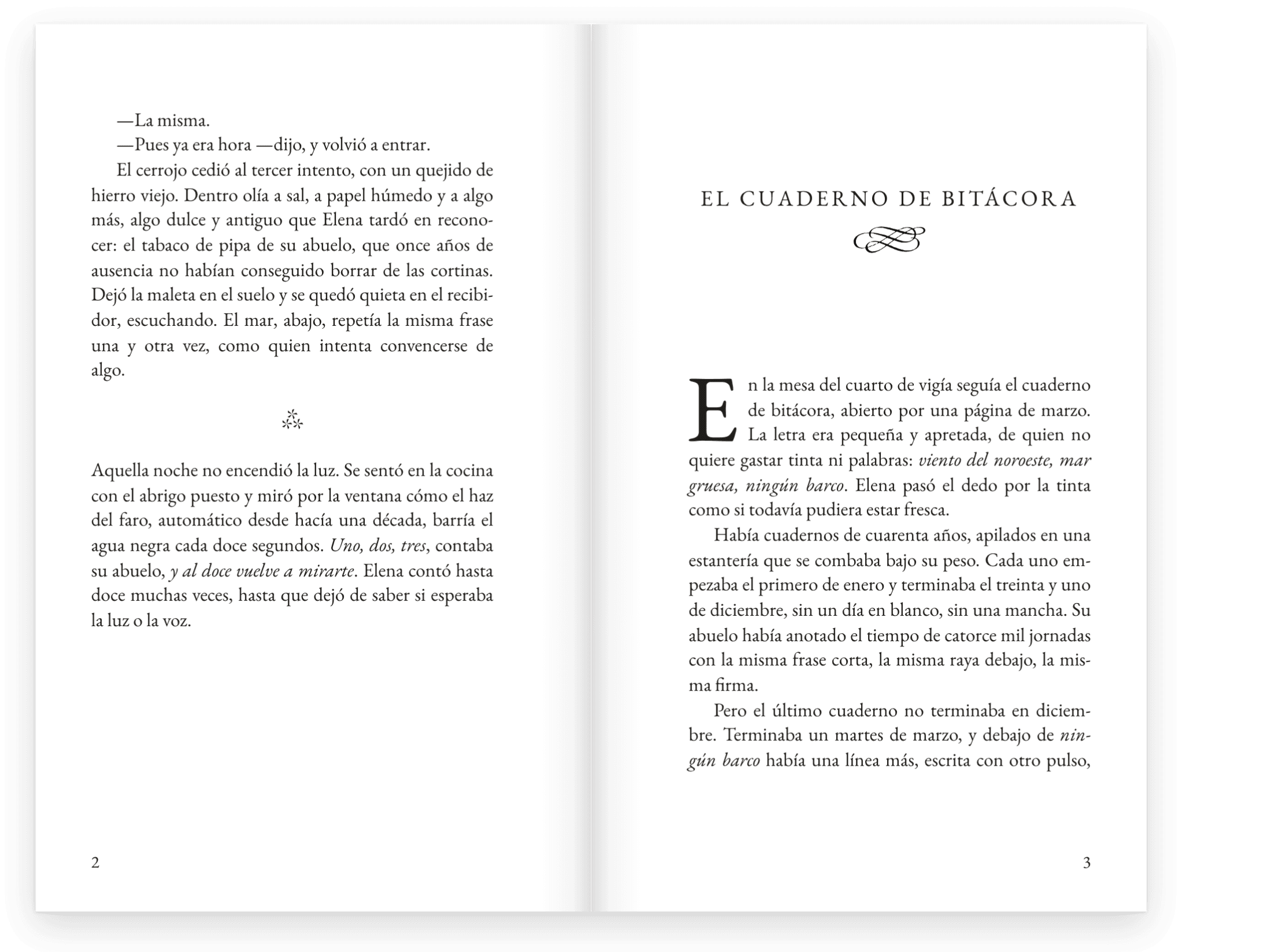 Dos páginas enfrentadas del libro impreso: el final de un capítulo con su cambio de escena y el comienzo del siguiente.